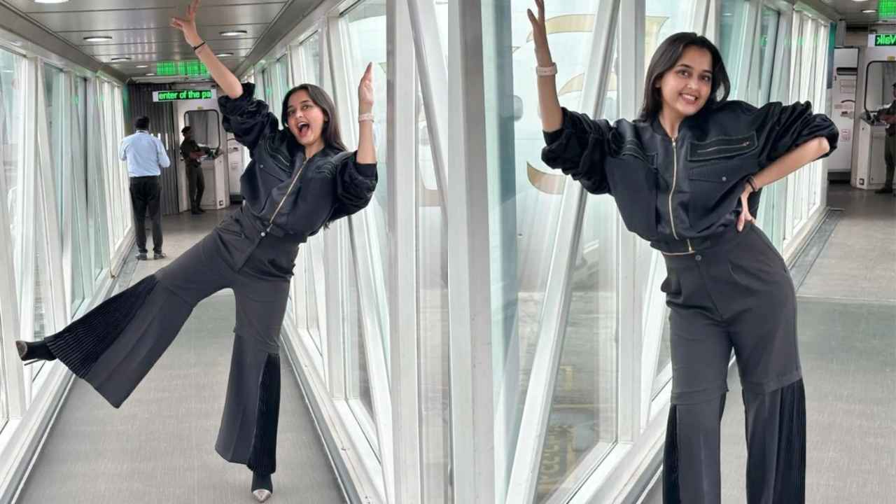 Airport Style: Tejasswi Prakash wears black-and-grey co-ord set crop jacket,  wide-legged pants from Linetribe | PINKVILLA