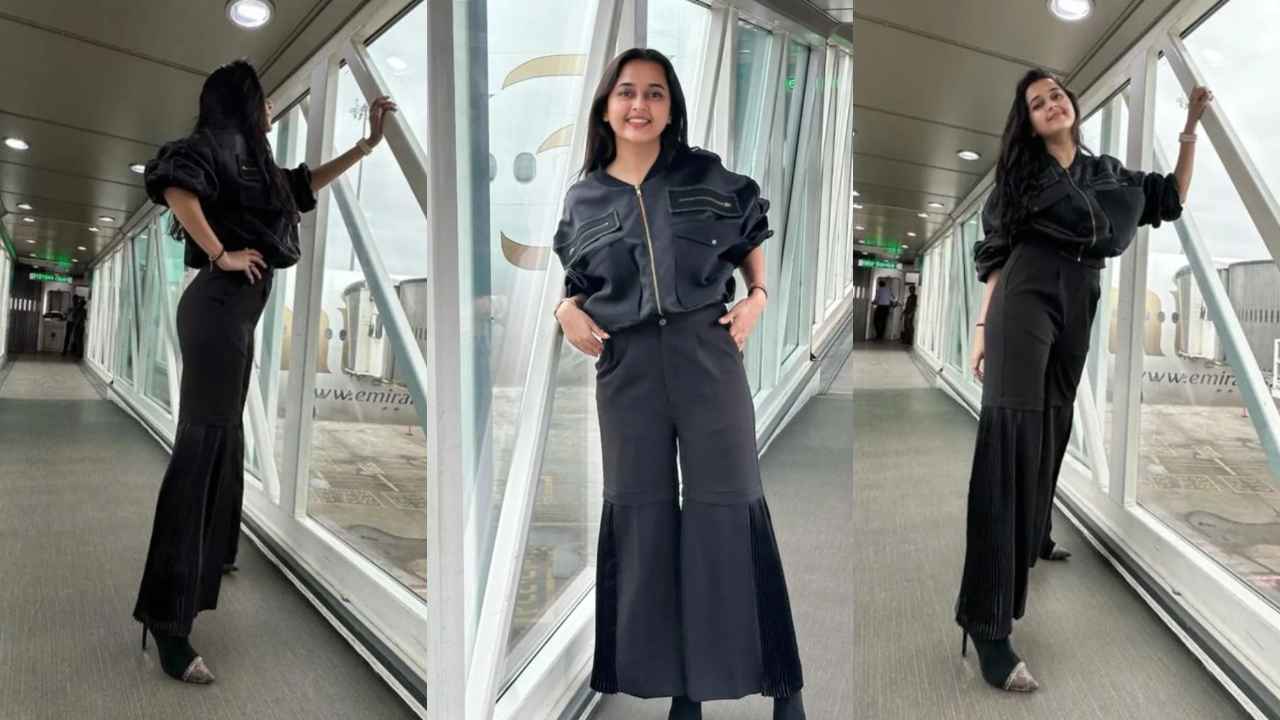 Airport Style: Tejasswi Prakash wears black-and-grey co-ord set crop jacket,  wide-legged pants from Linetribe | PINKVILLA