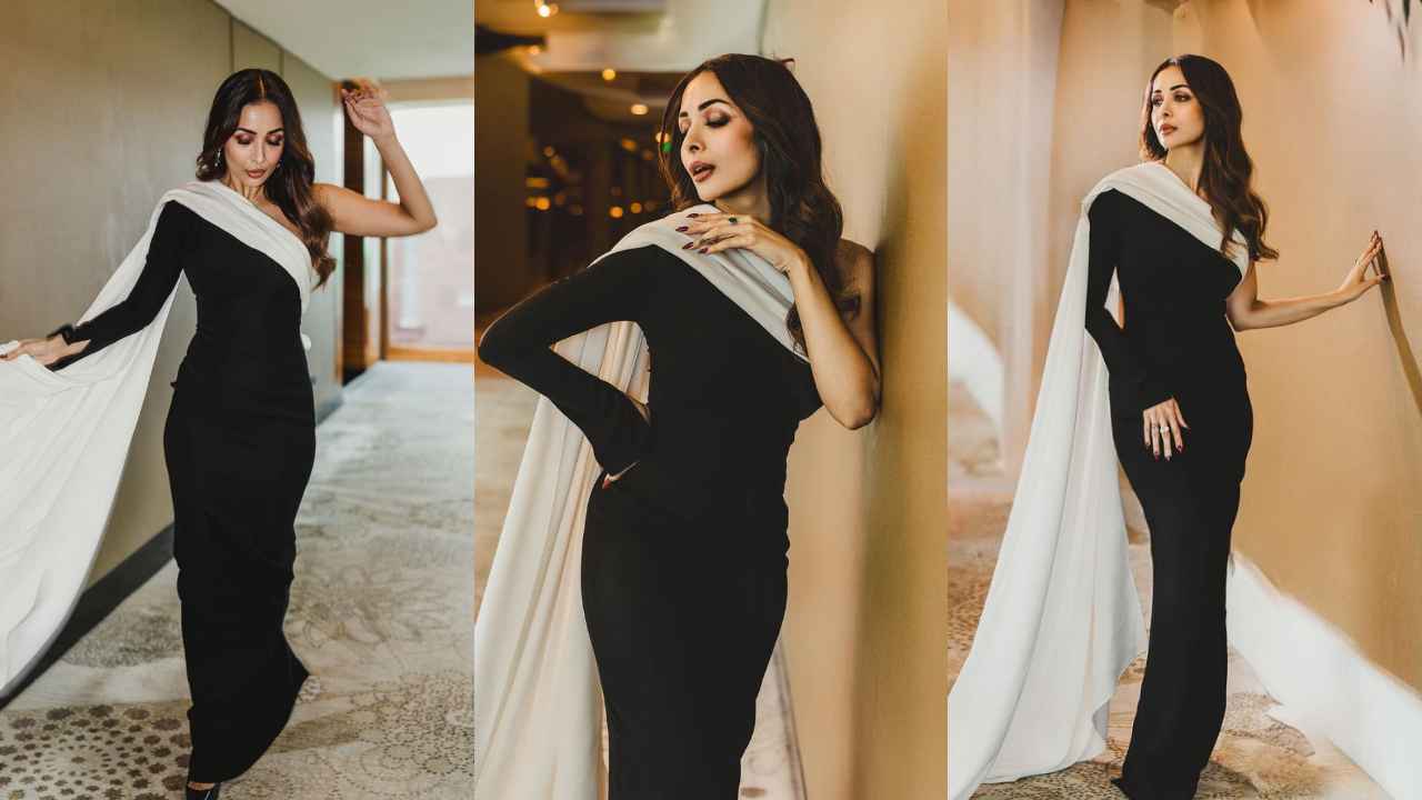 Malaika Arora redefines elegance in Gaffe's black and white floor-length  gown with an asymmetrical cape | PINKVILLA