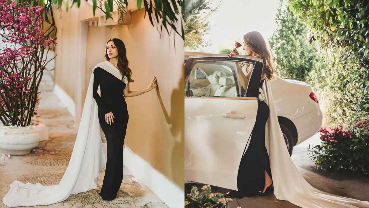 Malaika Arora redefines elegance in Gaffe's black and white floor-length  gown with an asymmetrical cape | PINKVILLA