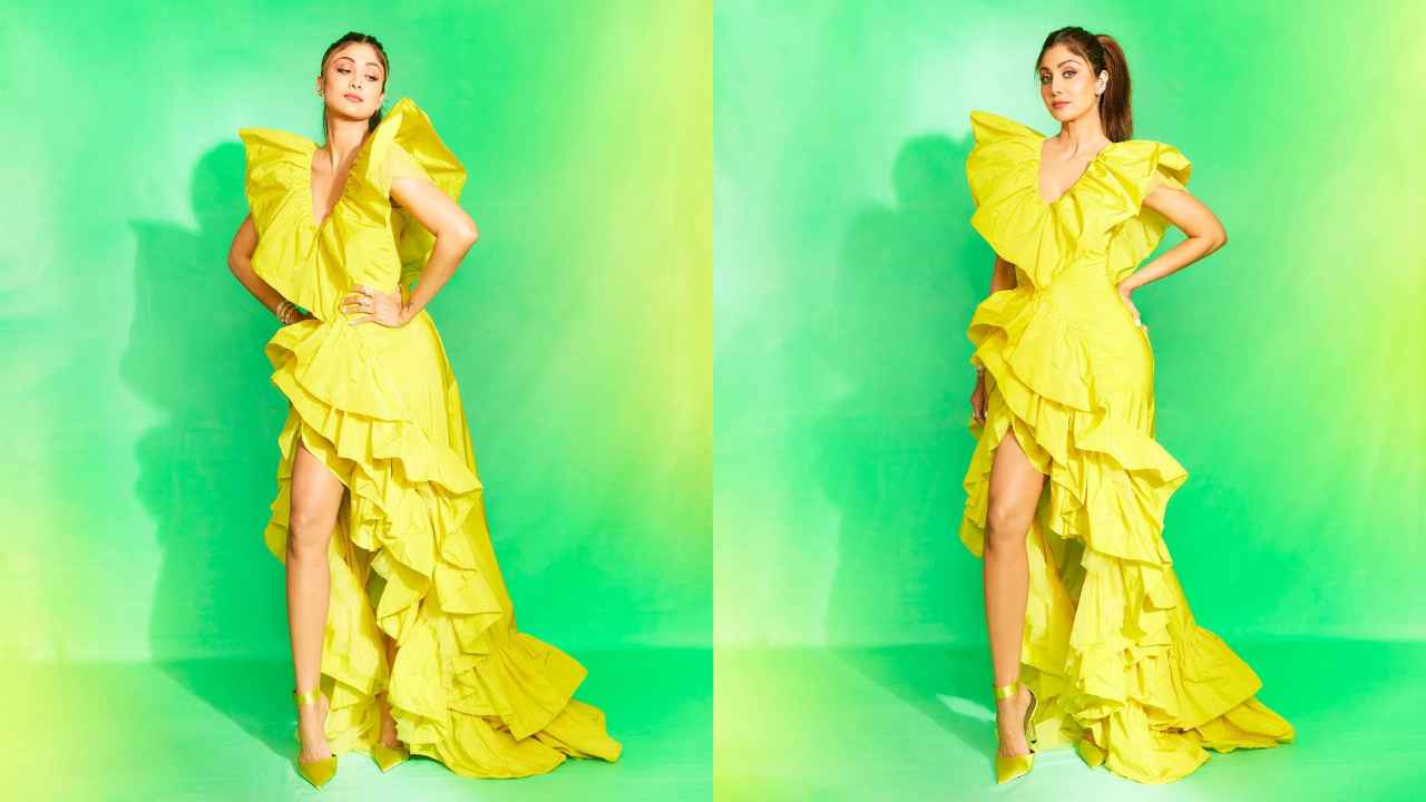 Shilpa Shetty styles Liina Stein’s luxurious Charme Du Soliel ruffled gown with side slit to pure perfection