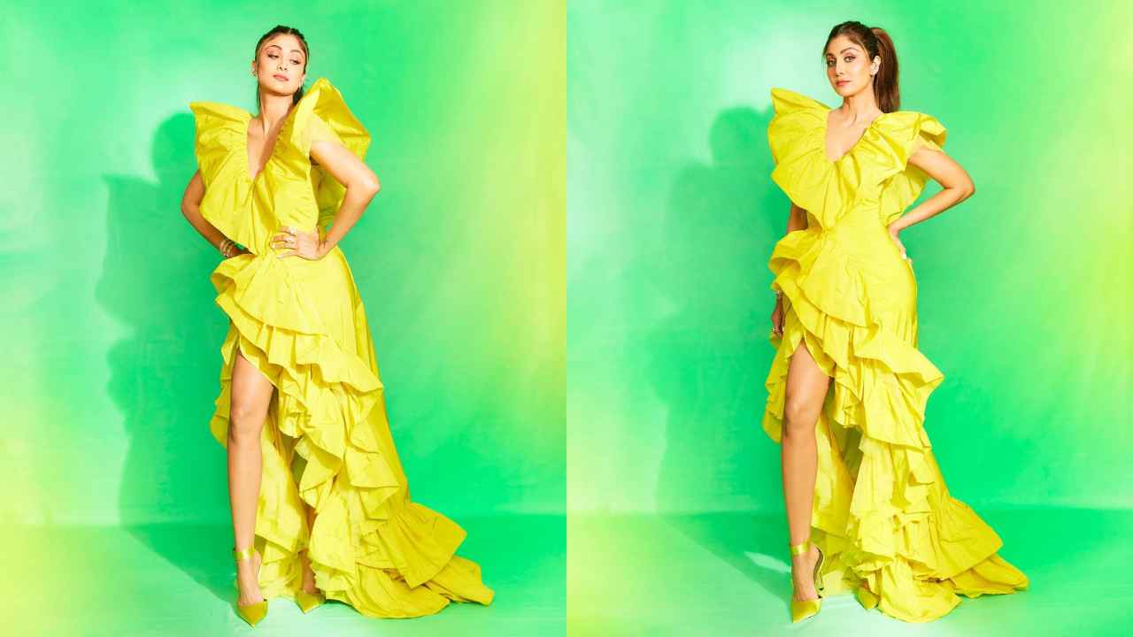 Shilpa Shetty styles Liina Stein's luxurious Charme Du Soliel ruffled gown  with side slit to pure perfection | PINKVILLA