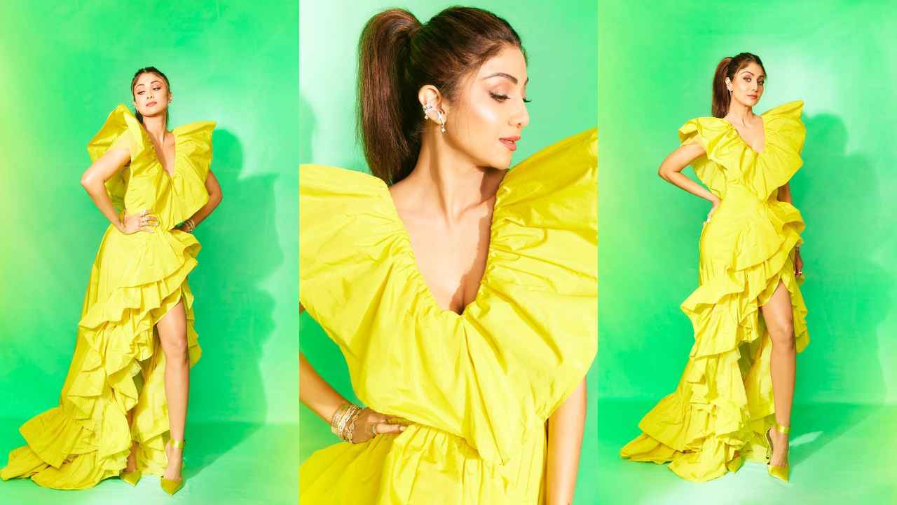 Shilpa Shetty styles Liina Stein’s luxurious Charme Du Soliel ruffled gown with side slit to pure perfection
