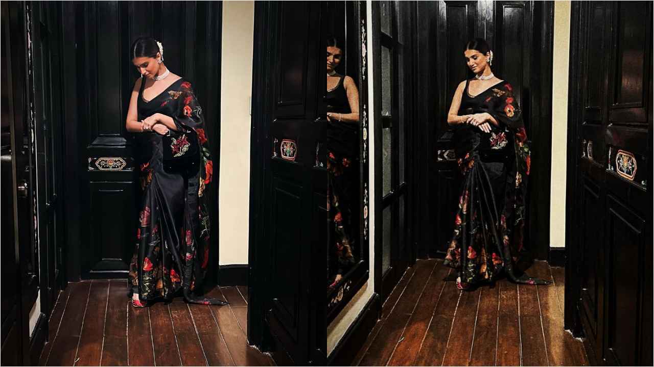Tara Sutaria revives the chanderi silk saree craze in black flowery drape with square-cut blouse by Rohit Bal