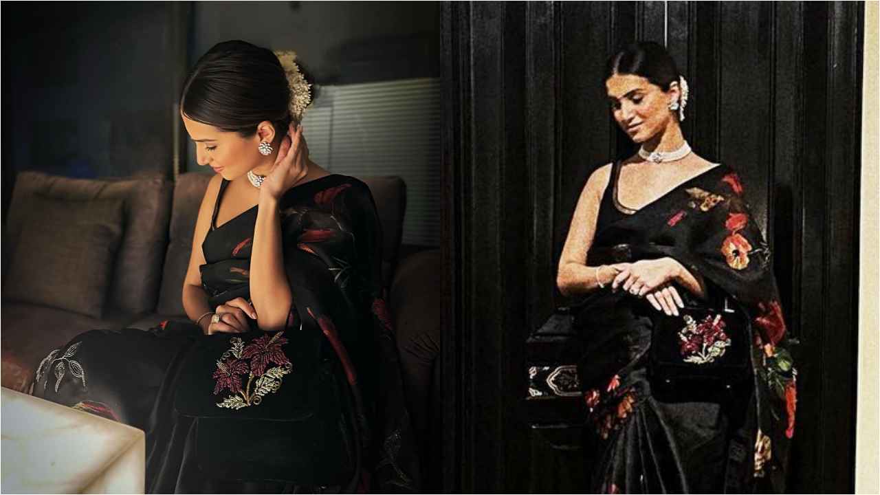 Tara Sutaria revives the chanderi silk saree craze in black flowery drape  with square-cut blouse by Rohit Bal | PINKVILLA