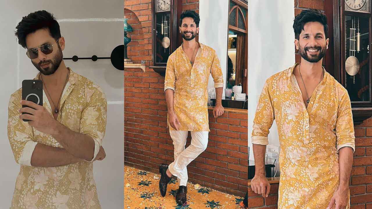 Shahid Kapoor adds a fusion twist to Anita Dongre's mustard malhar kurta  with white pants and formal shoes | PINKVILLA