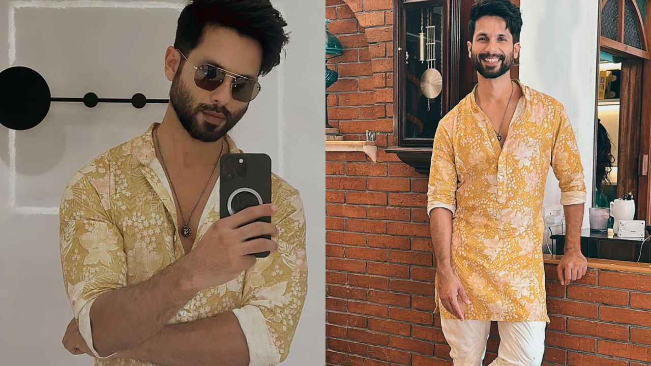 Shahid Kapoor adds a fusion twist to Anita Dongre's mustard malhar kurta  with white pants and formal shoes | PINKVILLA