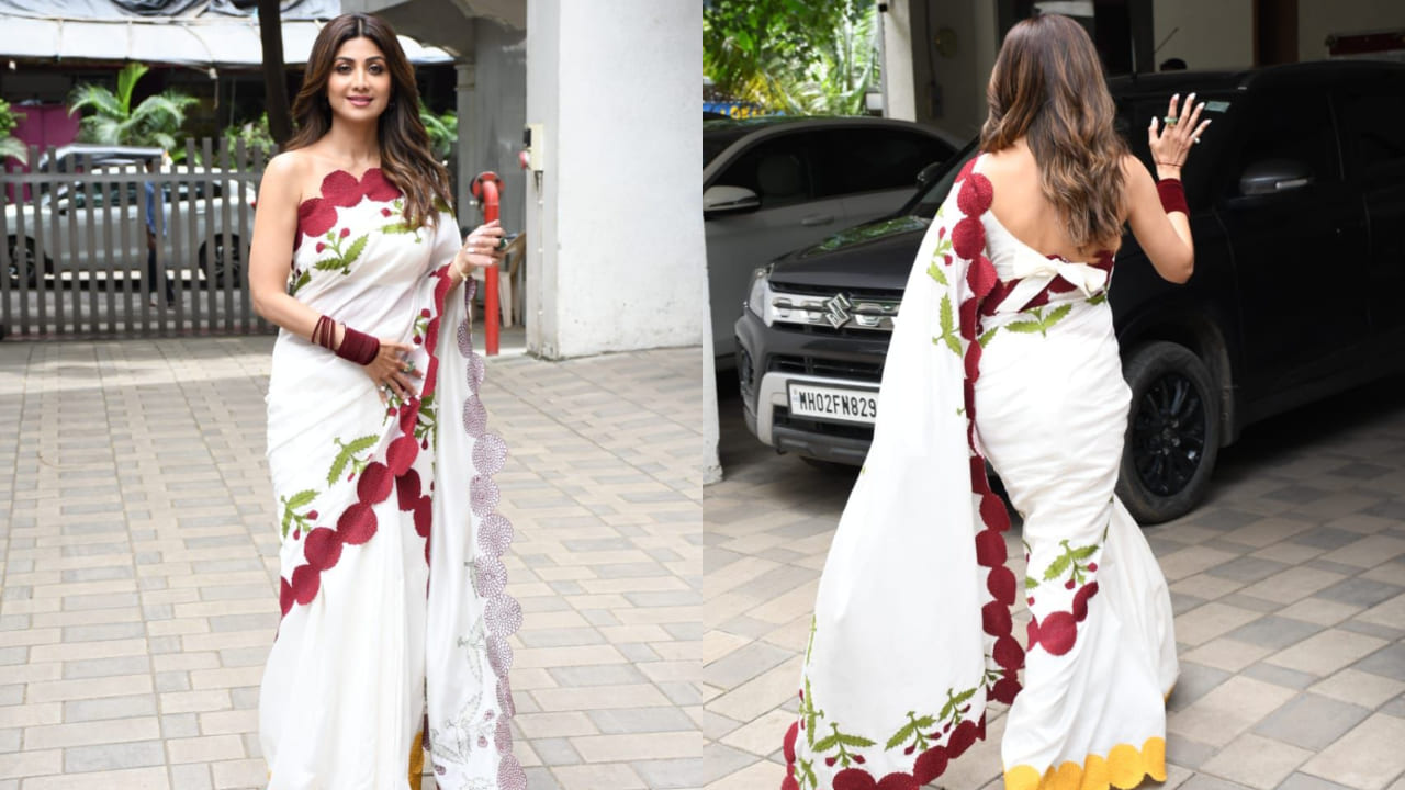 Shilpa Shetty in ivory white saree with applique work