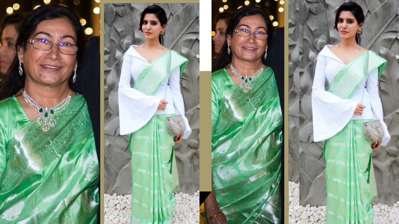 Samantha Ruth Prabhu in green saree with mom