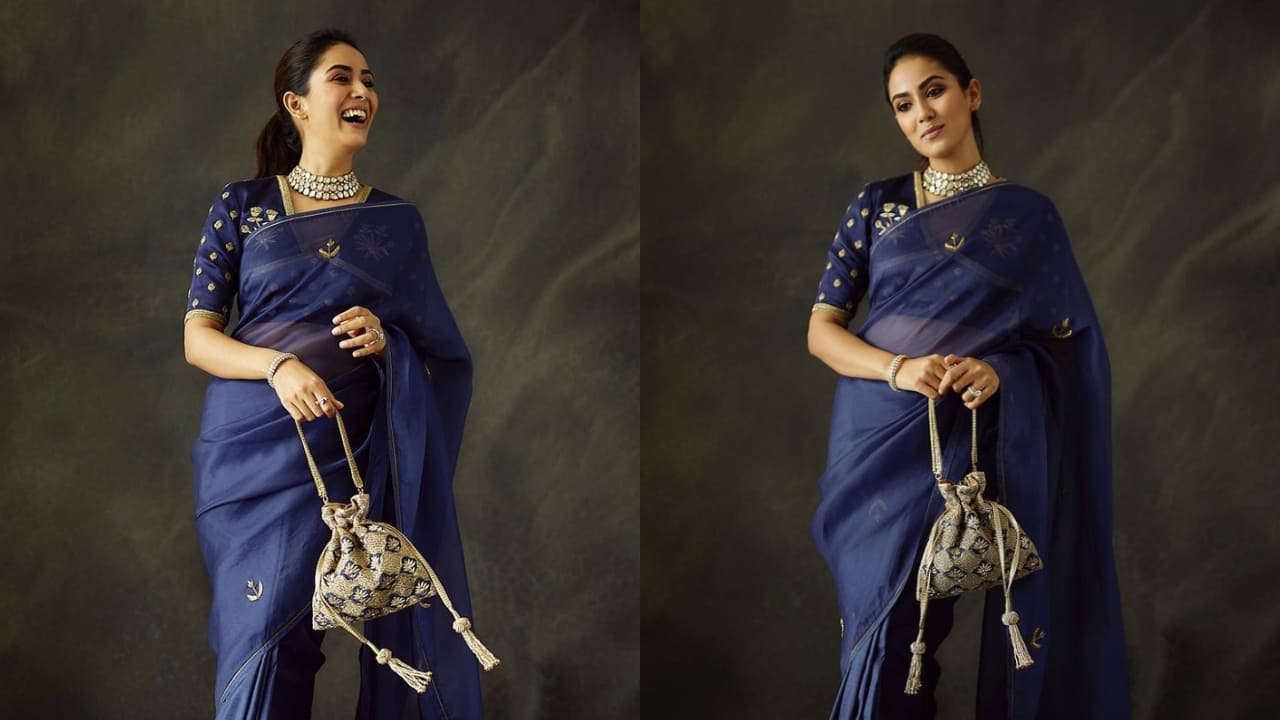 Mira Rajput in dark blue saree