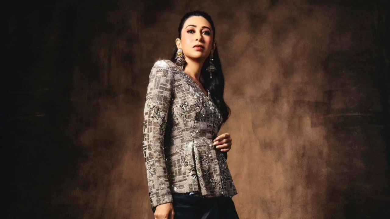 Karisma Kapoor serves elegance in cocktail-ready outfit with embellished kurta, ruched skirt by Anamika Khanna