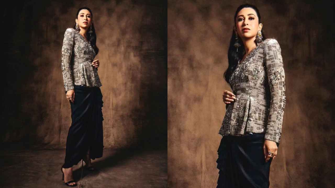 Karisma Kapoor serves elegance in cocktail-ready outfit with embellished kurta, ruched skirt by Anamika Khanna