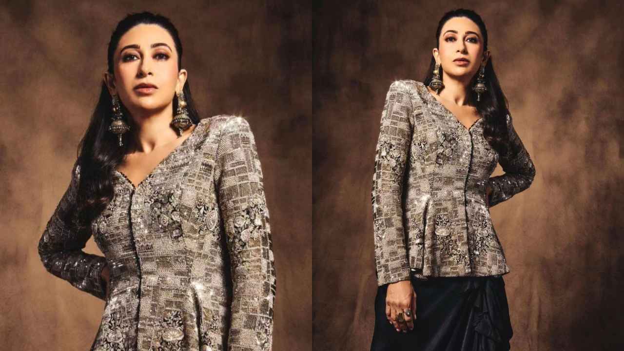 Karisma Kapoor serves elegance in cocktail-ready outfit with embellished kurta, ruched skirt by Anamika Khanna