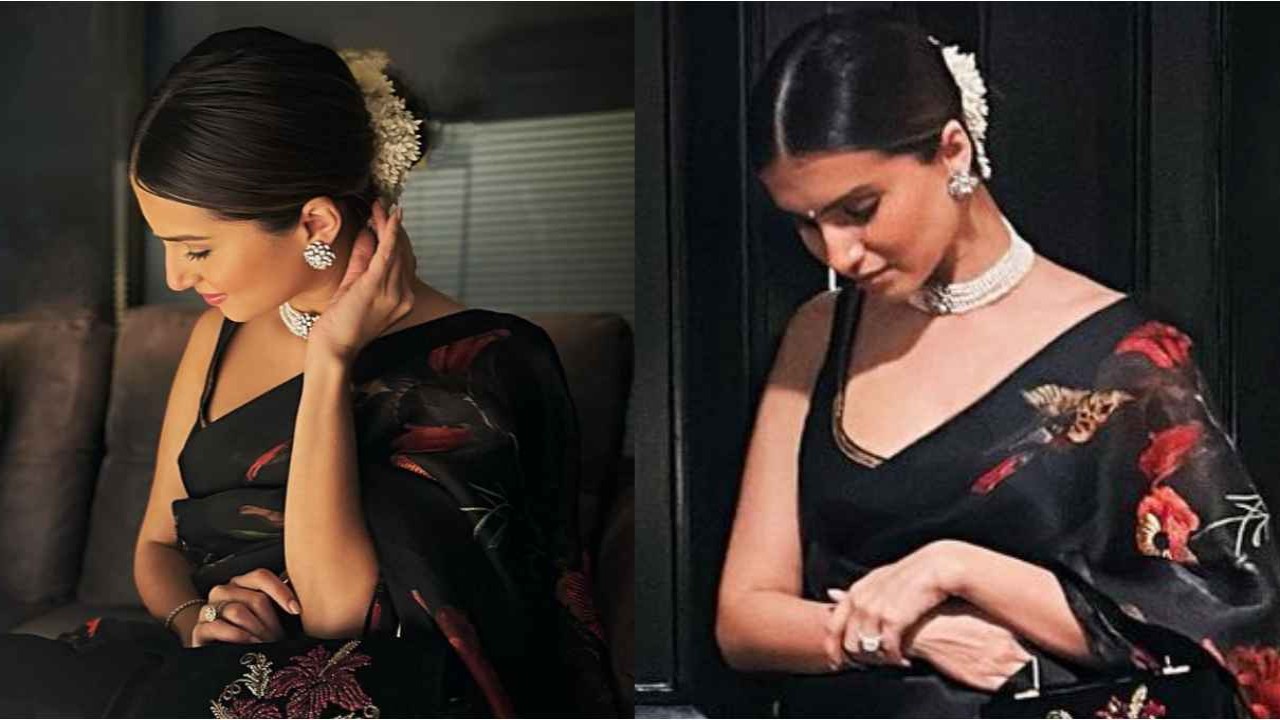 Tara Sutaria revives the chanderi silk saree craze in black flowery drape  with square-cut blouse by Rohit Bal | PINKVILLA