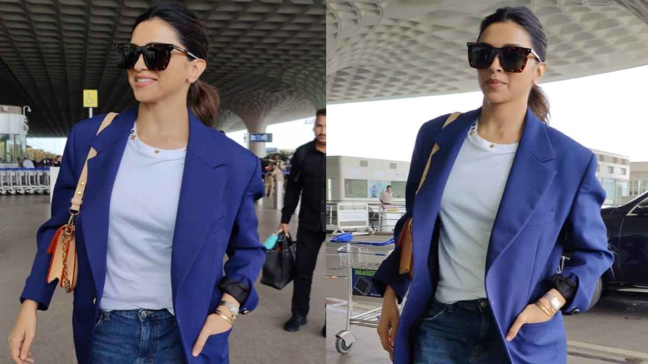 Deepika Padukone pairs LV x YK Dauphine MM bag worth Rs. 3.55 lacs with  blazer, baggy jeans for airport look | PINKVILLA