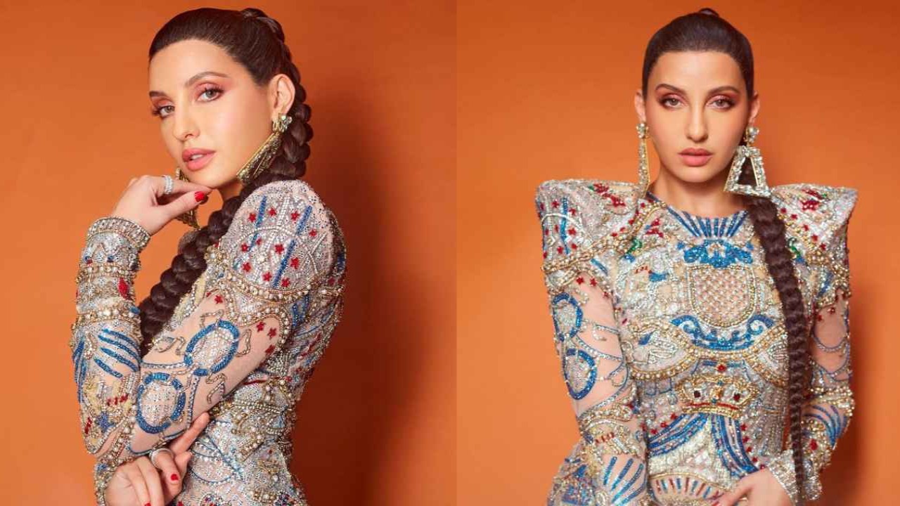 Nora Fatehi pairs multi-colored embellished mini-dress by Falguni Shane Peacock with iced out accessories nora-fatehi-hip-hop-india-falguni-shane-peacock-style-fashion
