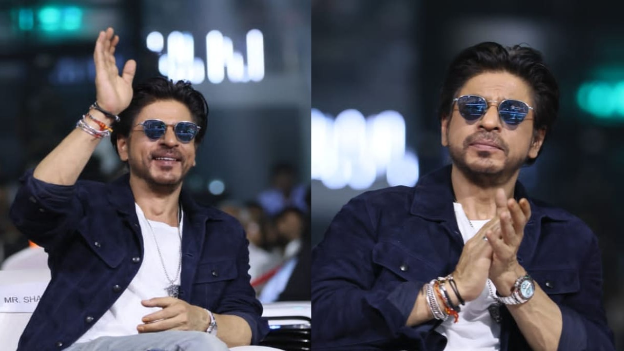 Shah Rukh Khan channels his inner Jawan in style with blue jacket and grey jeans, and Golden Goose shoes (PC: APH Images)
