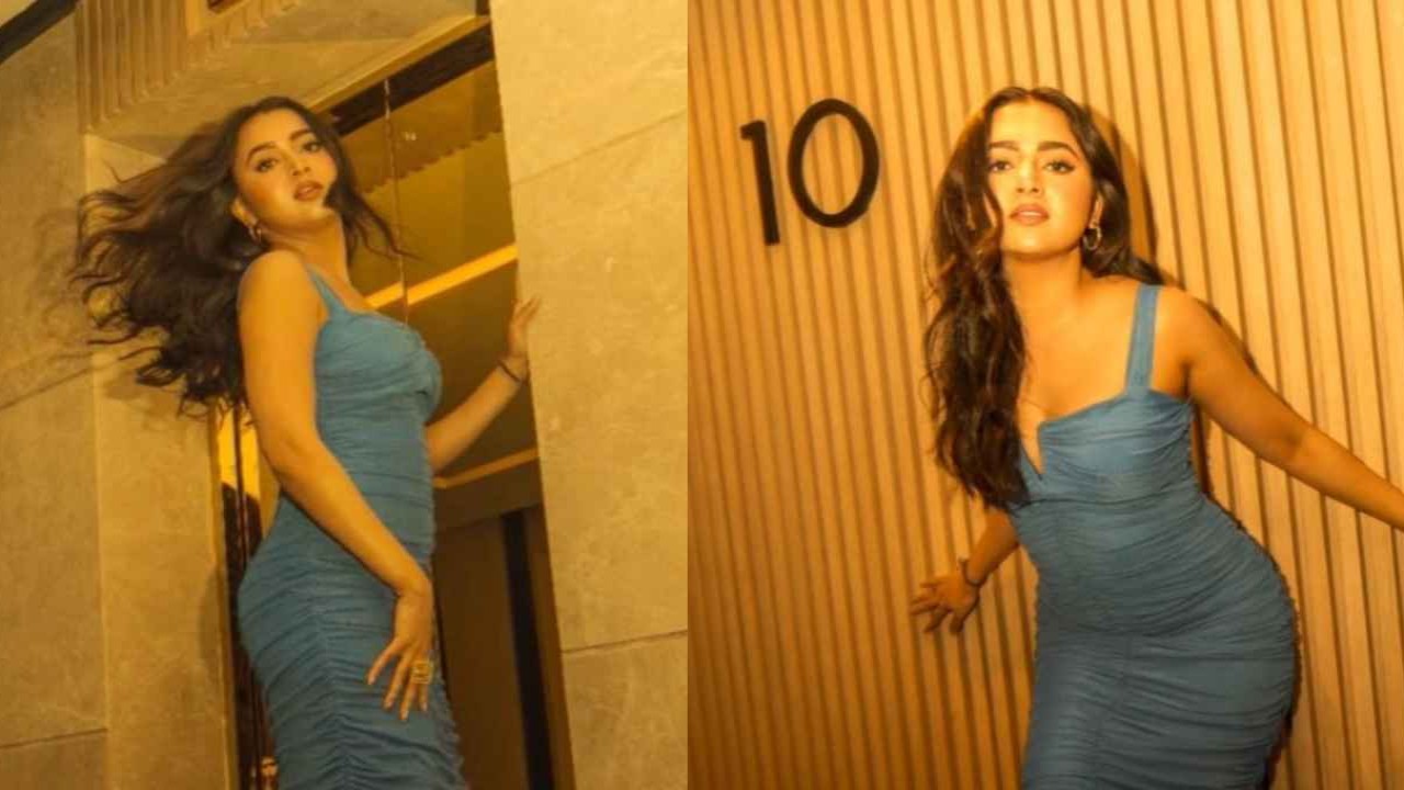 Tejasswi Prakash beating the blues in ruched maxi dress with plunging neckline, frilly edges by Kejal K Tejasswi-Prakash-blue-midi-dress-bollywood-karan-kundrra-naagin-fashion