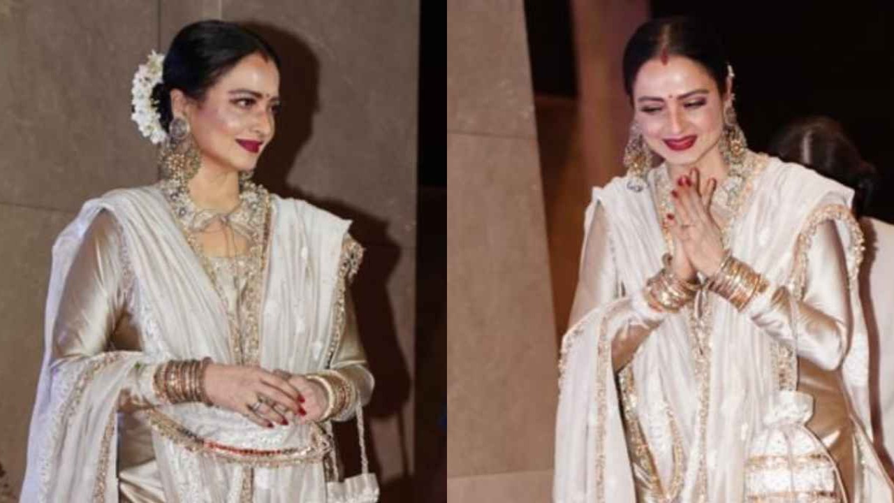 Rekha exudes timeless charm and beauty in a classy ivory and gold silk fusion saree by Manish Malhotra (PC: Viral Bhayani) rekha-manish-malhotra-fusion-saree-style-fashion