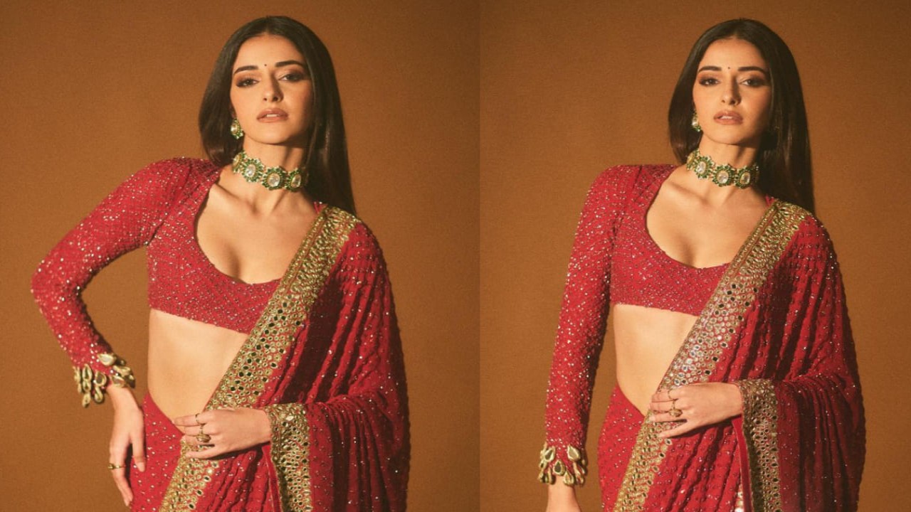 Ananya Panday dons Arpita Mehta's sequin-laden red saree with a beautiful gold border and matching blouse