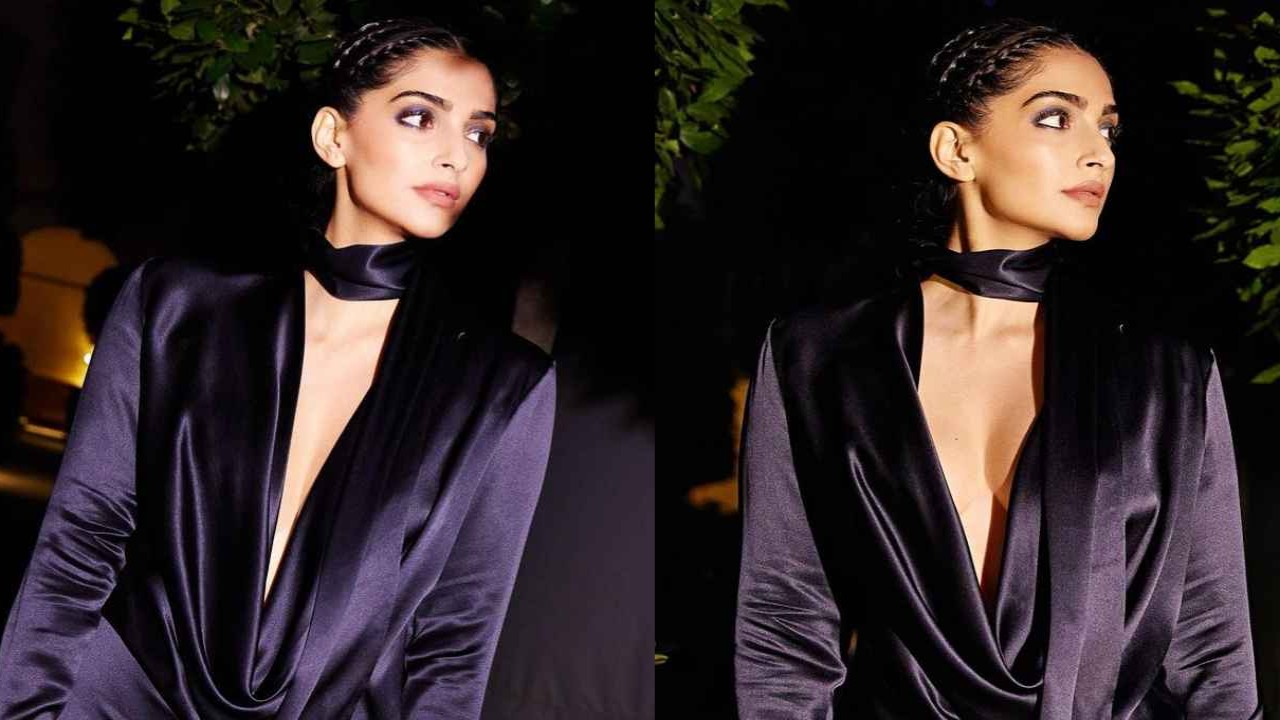 Sonam Kapoor Ahuja attends Hugo Boss’ fashion show in regal blue gown with cowl neck and matching scarf sonam-kapoor-ahuja-Hugo-Boss-formal-Milan-Fashion-Week-style