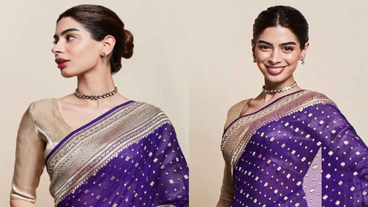 Khushi Kapoor exudes royal flair in a regal purple Anita Dongre Banarasi saree with traditional gold border khushi-kapoor-anita-dongre-saree-ethnic-wear-style-fashion