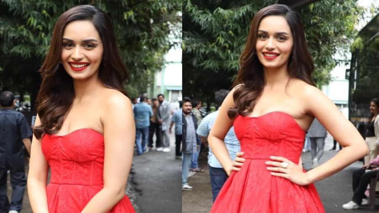 Manushi Chhillar STUNS in red tea-length dress with corset-like ...