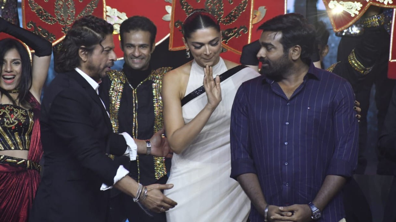 Vijay Sethupathi, Deepika Padukone and Shah Rukh Khan at the Jawan post-release success meet at Mumbai