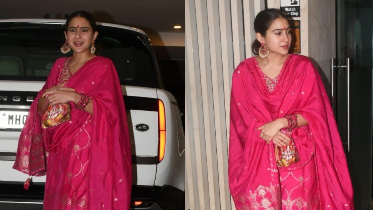 Sara Ali Khan chose a pink kurta set for Ganpati celebrations. (PC: Viral Bhayani) Sara Ali Khan chose a pink kurta set for Ganpati celebrations. (PC: Viral Bhayani)