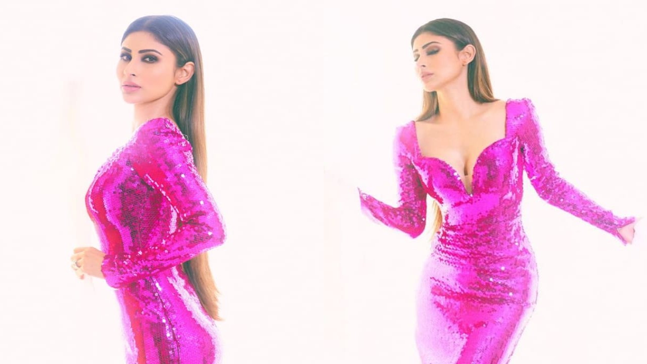 Mouni Roy’s pink sequin-embellished gown with a plunging neckline is a party-ready must-have (PC: Mouni Roy Instagram)