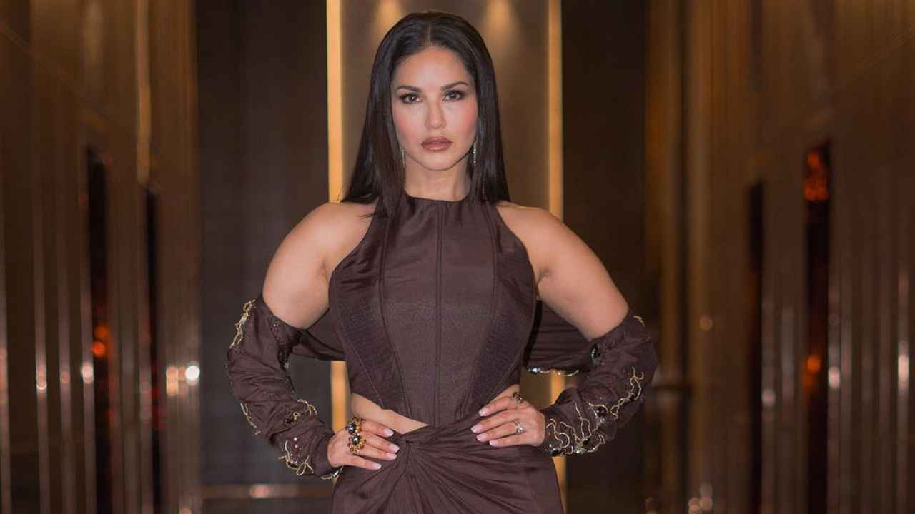 Sunny Leone adds a splash of glamour to her classy brown co-ord set with stone-studded accessories 