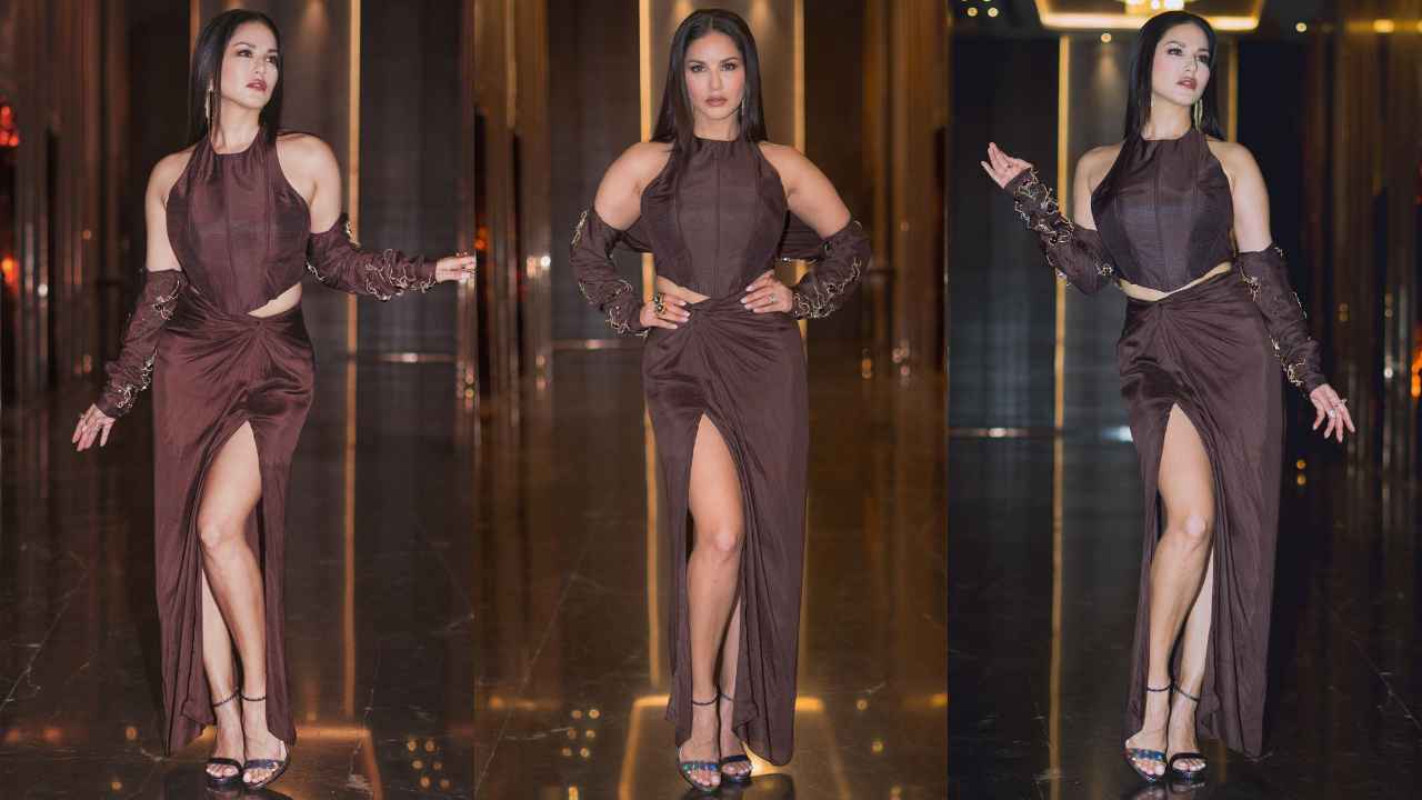 Sunny Leone adds a splash of glamour to her classy brown co-ord set with stone-studded accessories 