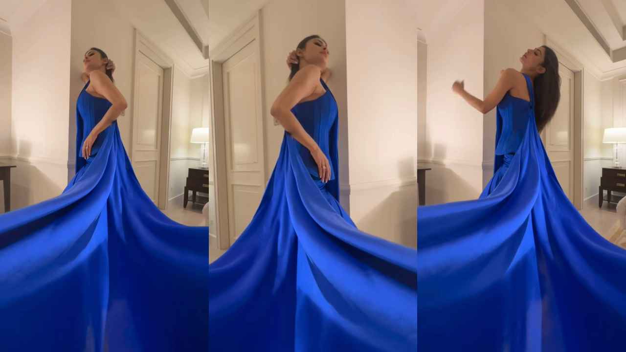 Mouni Roy’s electric blue Victorian corset with fusion drape saree is the ultimate choice for wedding season