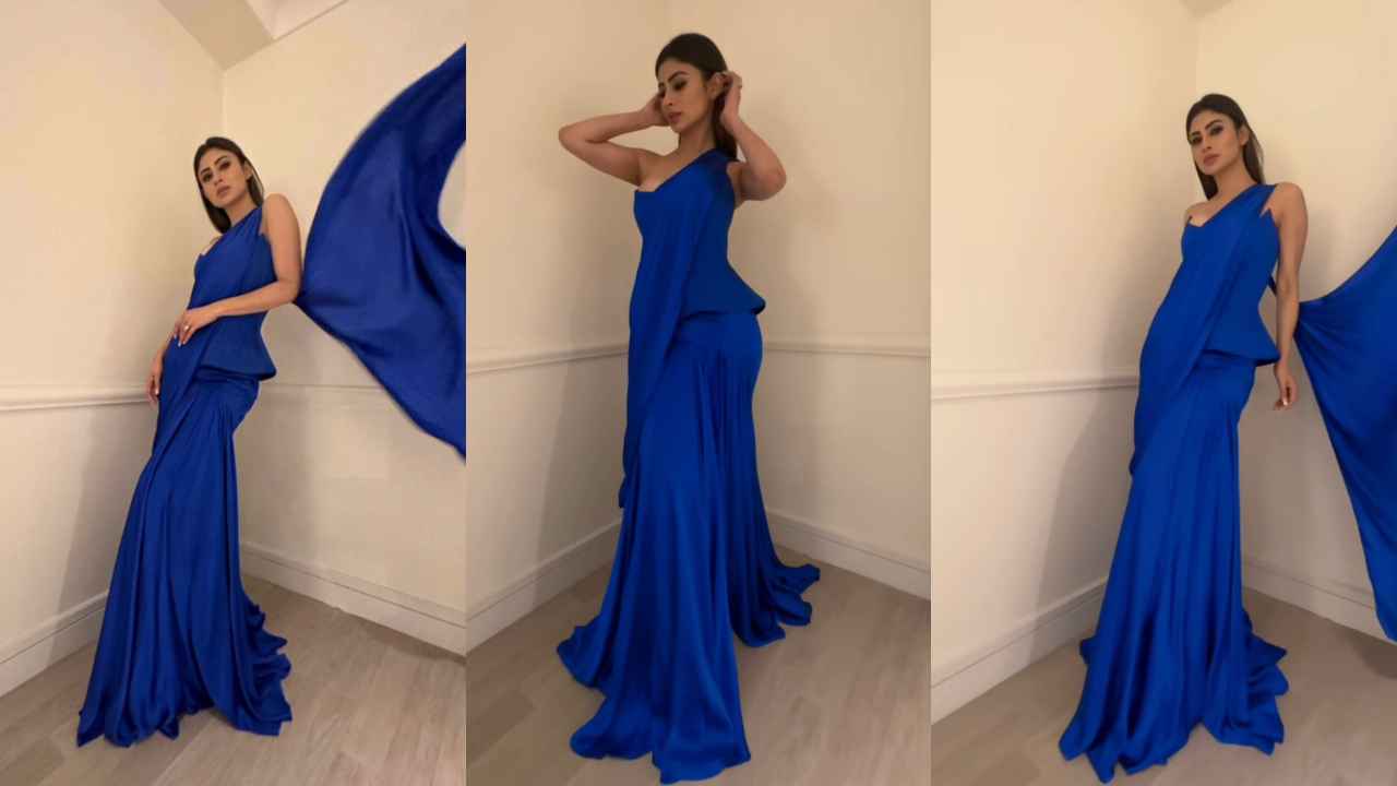 Mouni Roy’s electric blue Victorian corset with fusion drape saree is the ultimate choice for wedding season