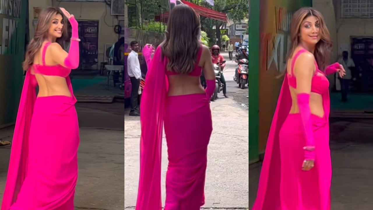 Shilpa Shetty serves STYLE with a side of DRAMA by pairing a hot pink saree  with matching gloves and bustier | PINKVILLA