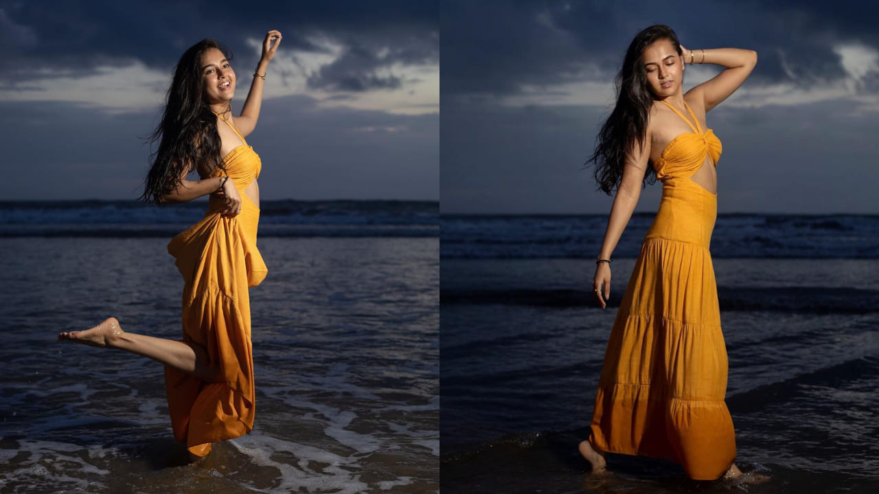 Tejasswi in an orange maxi dress