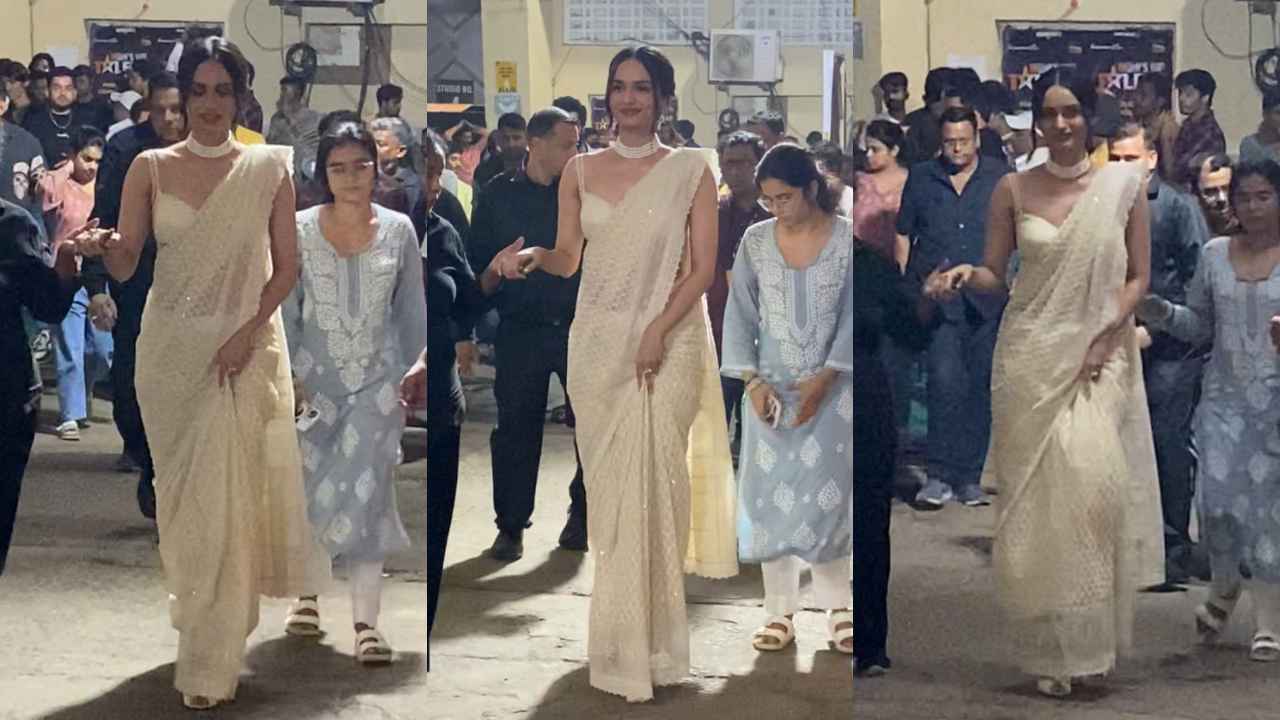 Manushi Chhillar’s delicate sheer saree and matching blouse with beaded straps is made for modern-day brides