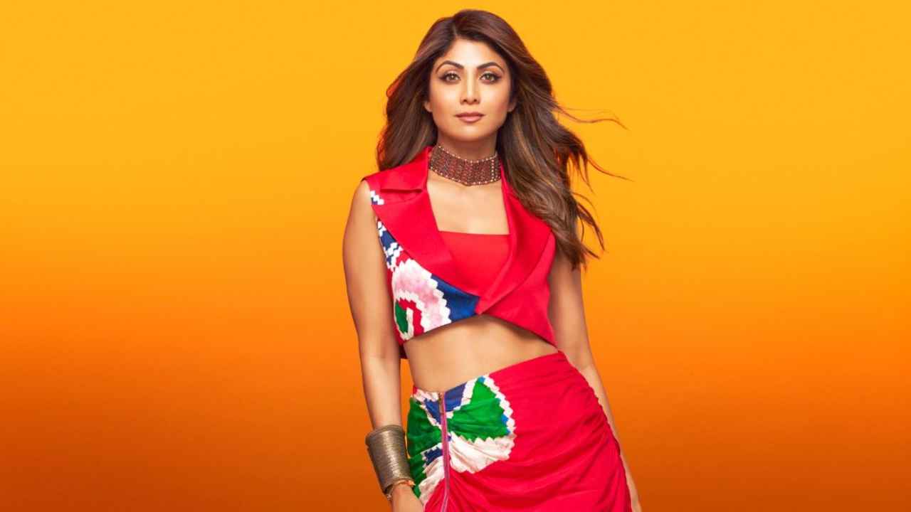 Shilpa Shetty’s red Saaksha and Kinni’s co-ord set with sleeveless crop jacket and draped skirt is party-ready