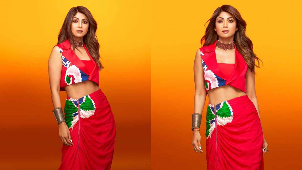 Shilpa Shetty’s red Saaksha and Kinni’s co-ord set with sleeveless crop jacket and draped skirt is party-ready