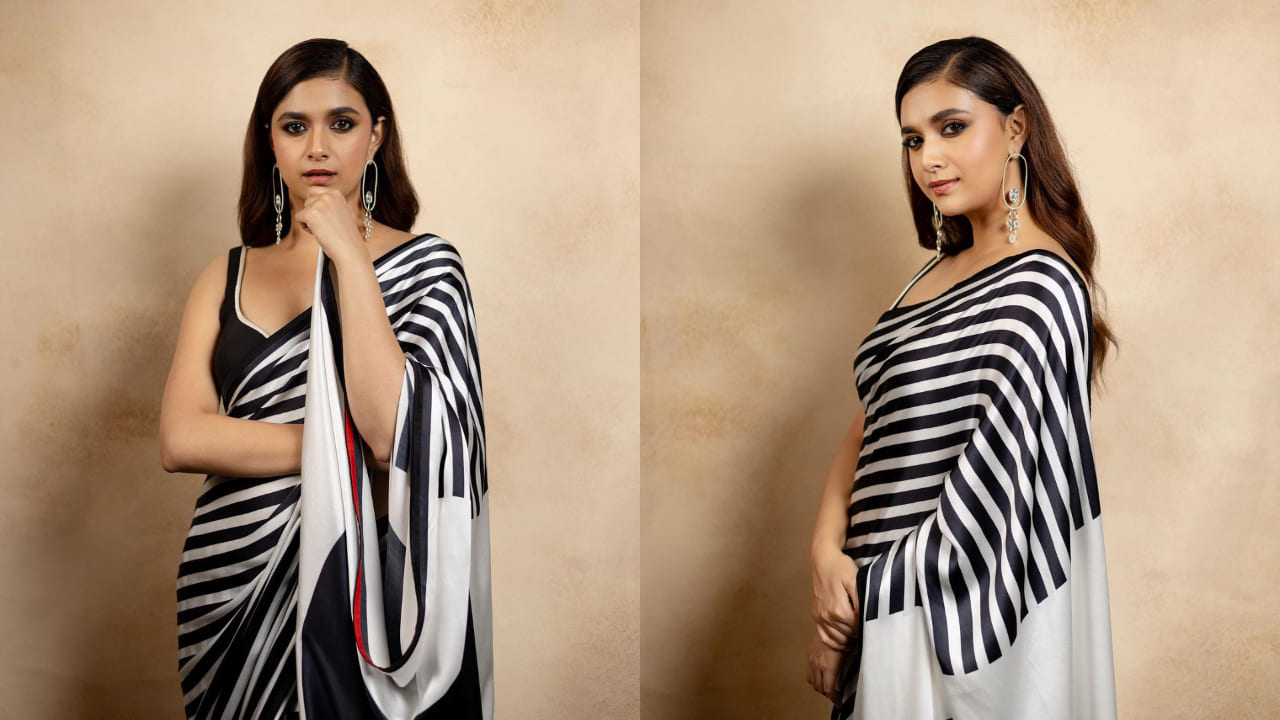 Keerthy Suresh dons the classy black and white print in a traditional way