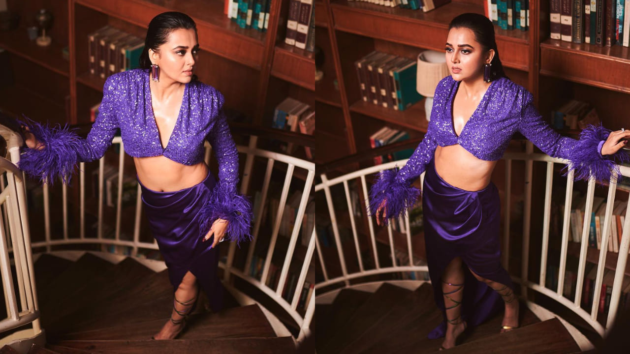 Tejasswi in glittery sequined top and glossy satin skirt