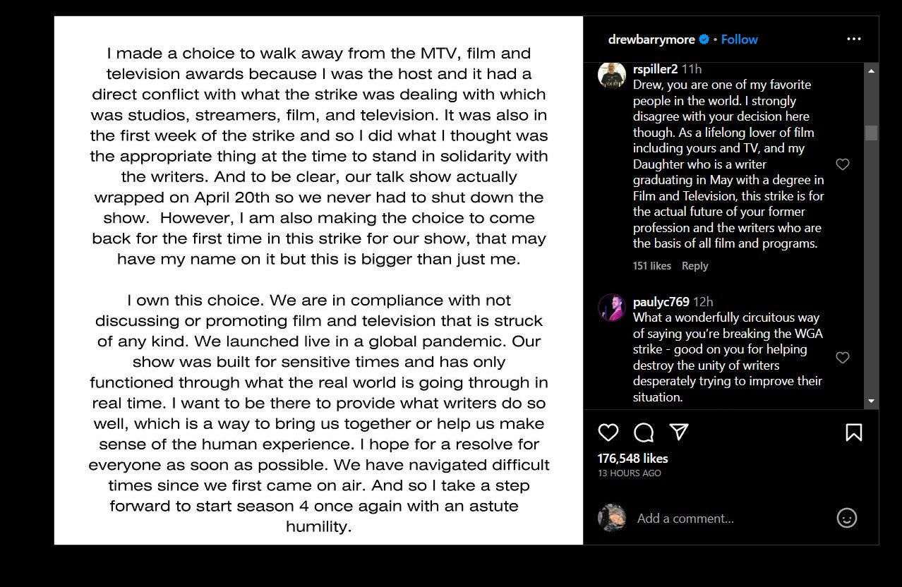 Drew Barrymore's post on show's return [Instagram]