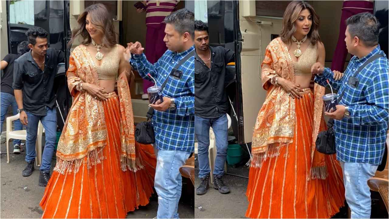 Shilpa Shetty Kundra decks up in embroidered lehenga and gold blouse look as she celebrates Ganesh Chaturthi (PC: Manav Manglani)