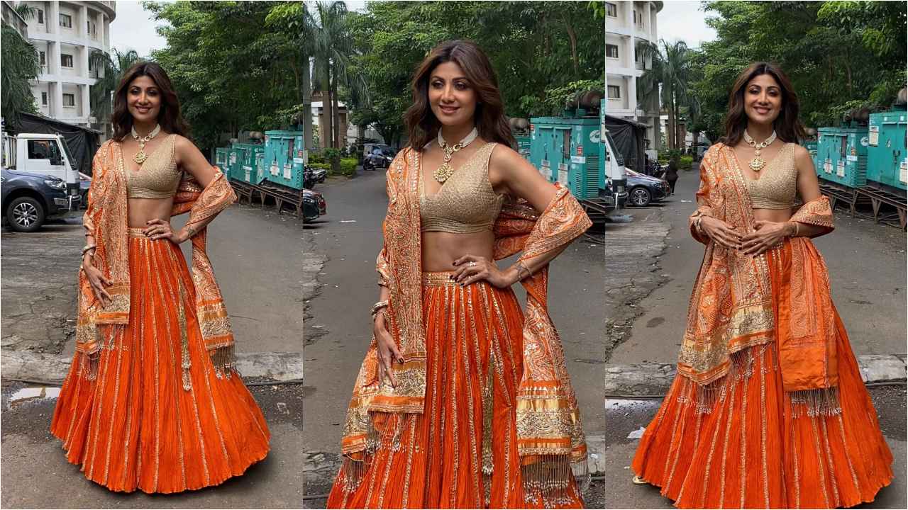 Shilpa Shetty Kundra decks up in embroidered lehenga and gold blouse look as she celebrates Ganesh Chaturthi (PC: Manav Manglani)