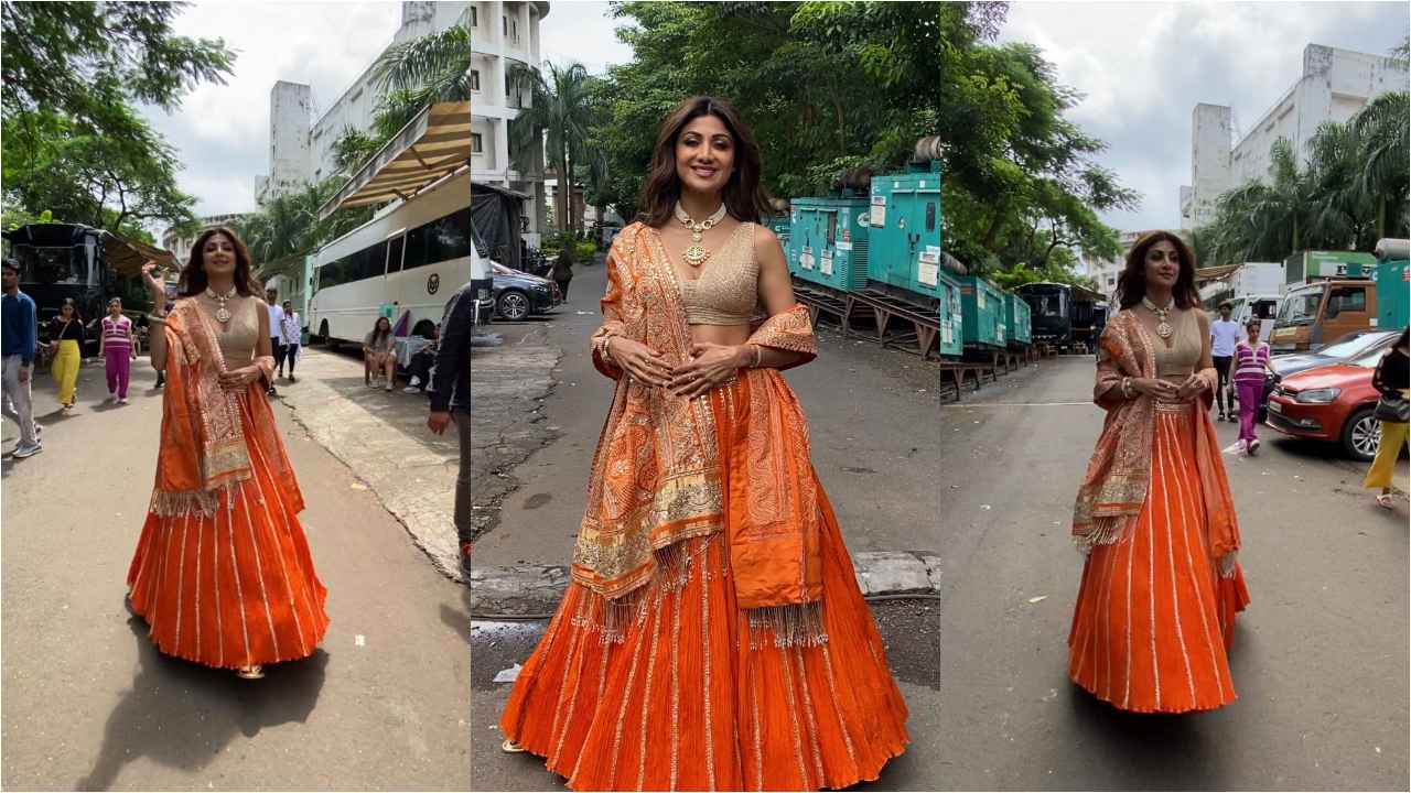 Shilpa Shetty Kundra decks up in embroidered lehenga and gold blouse look as she celebrates Ganesh Chaturthi (PC: Manav Manglani)