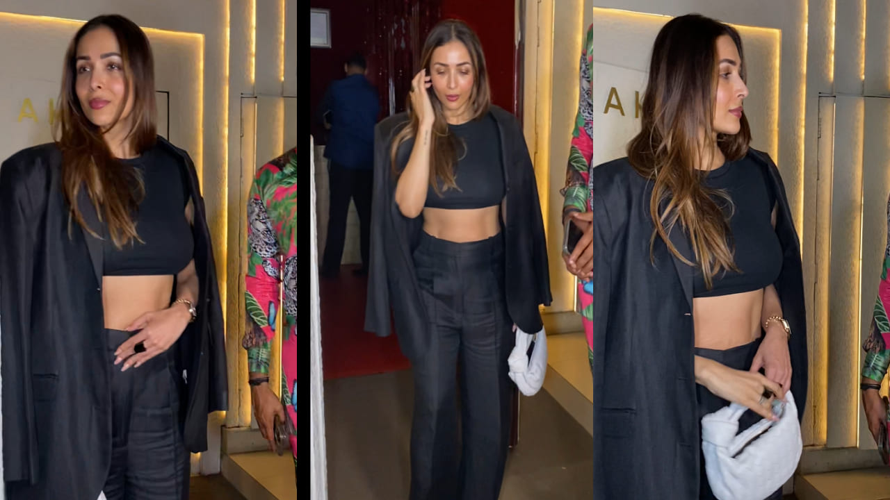 Malaika Arora in black crop top, blazer and pants