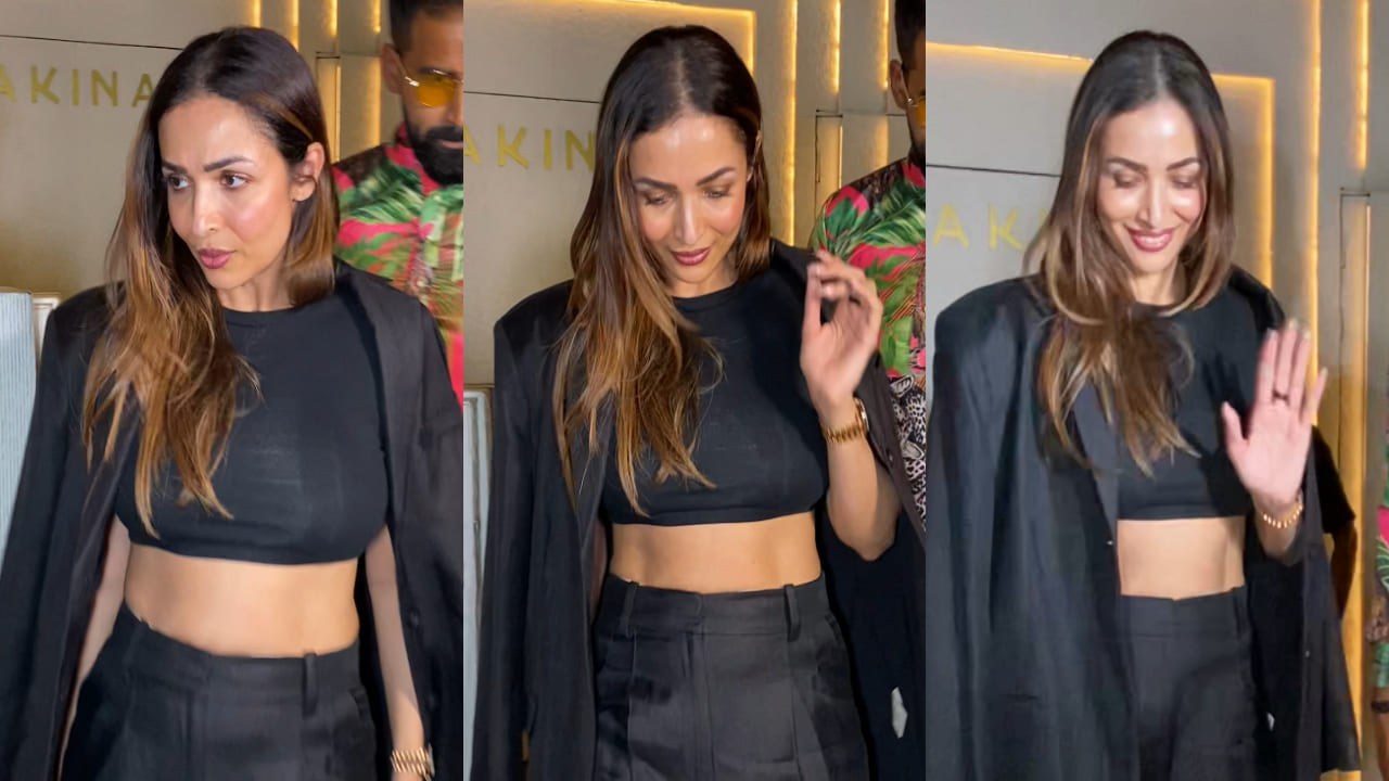 Malaika Arora in black crop top, blazer and pants