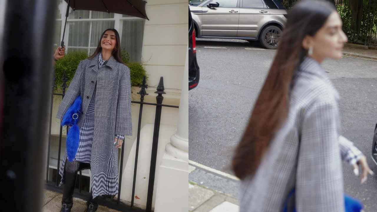 Sonam Kapoor Ahuja attends Burberry’s LFW show in their formal coat with sassy midi-dress, blue bag, and boots (PC: Sasha Jairam)