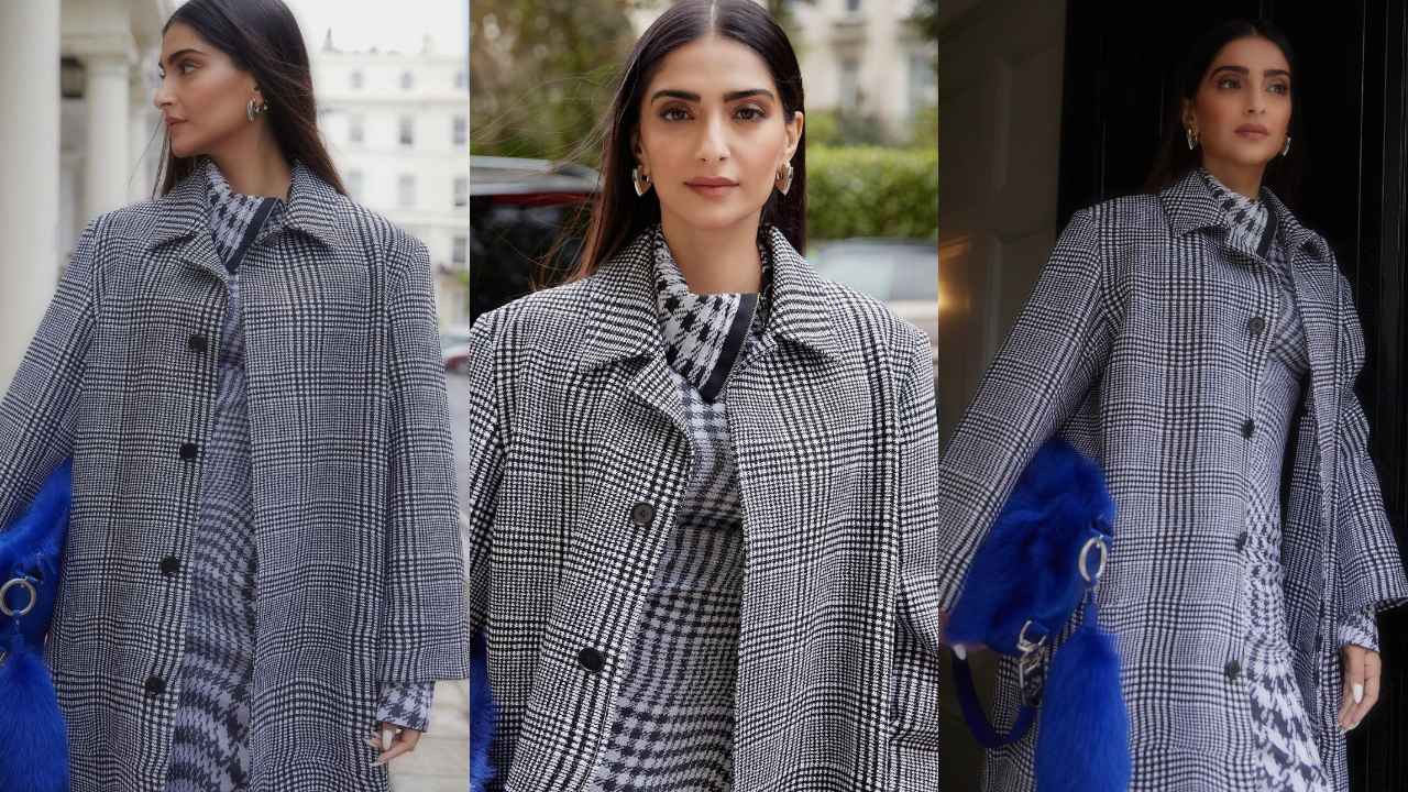 Sonam Kapoor Ahuja attends Burberry’s LFW show in their formal coat with sassy midi-dress, blue bag, and boots (PC: Sasha Jairam)