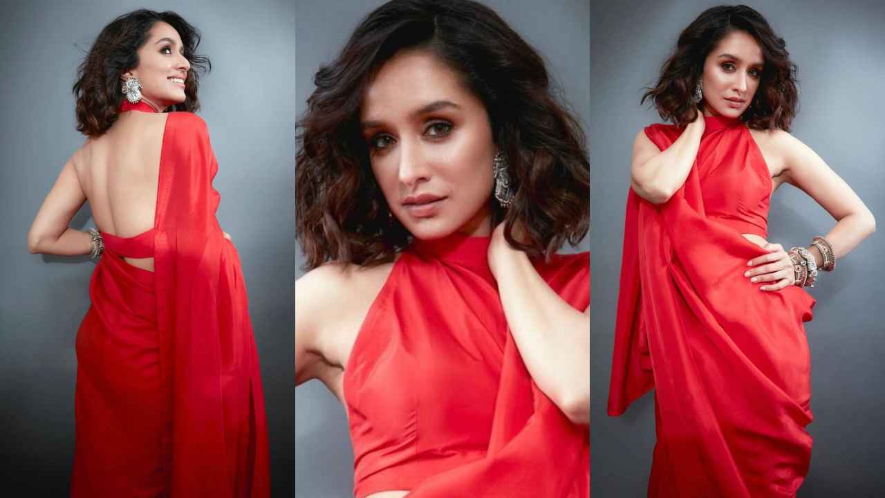 Shraddha Kapoor’s vibrant red saree with halter-neck blouse is a modern marvel merged with ethnic elegance